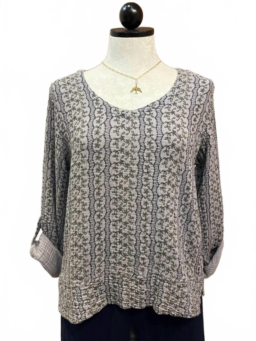 NEW COLOR ME COTTON women's long sleeves button roll tabs shirt in platinum prin